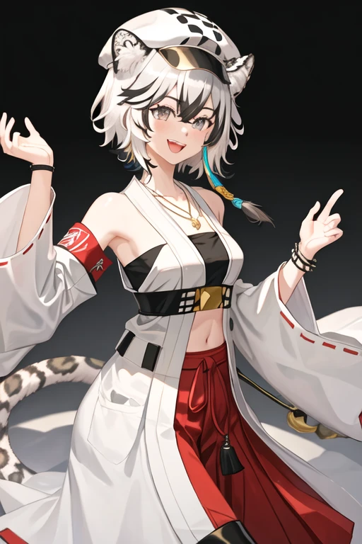 best quality, masterpiece, highres, solo, {white kimono:1.35}, {red hakama:1.35}, {wide sleeves:1.20}, {cliffheart_arknights:1.15}, animal_ears, leopard_ears, short_hair, grey_hair, bangs, hair_between_eyes, animal_ear_fluff, smile, hat, jewelry, grey_eyes, white_headwear, cabbie_hat, necklace, breasts, sleeveless, leopard_tail, tail, upper_body, multicolored_hair, open_mouth, white_hair, bandeau, navel, armband, midriff, black_hair, medium_breasts