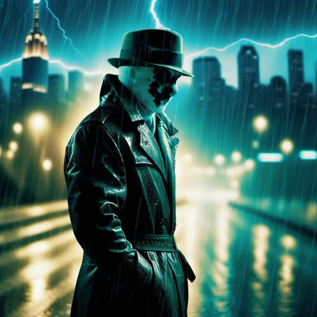 cinematic photo, Rorschach1024, a man with a hat, night, rain, storm, lightning, city background, . 35mm photograph, film, bokeh, professional, 4k, highly detailed <lora:Rorschach1024:0.8>