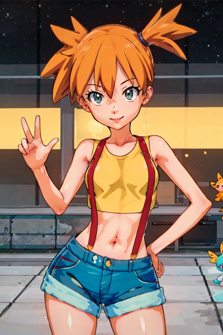 <lora:Beta:0.8>, , ((masterpiece,best quality)), <lora:Misty_Pokemon_v2_Anime:0.8>, Misty_Pokemon, yellow crop top, suspenders, side ponytail, orange hair, denim shorts, solo, smiling, looking at viewer, cowboy shot, cinematic composition, contrapposto,