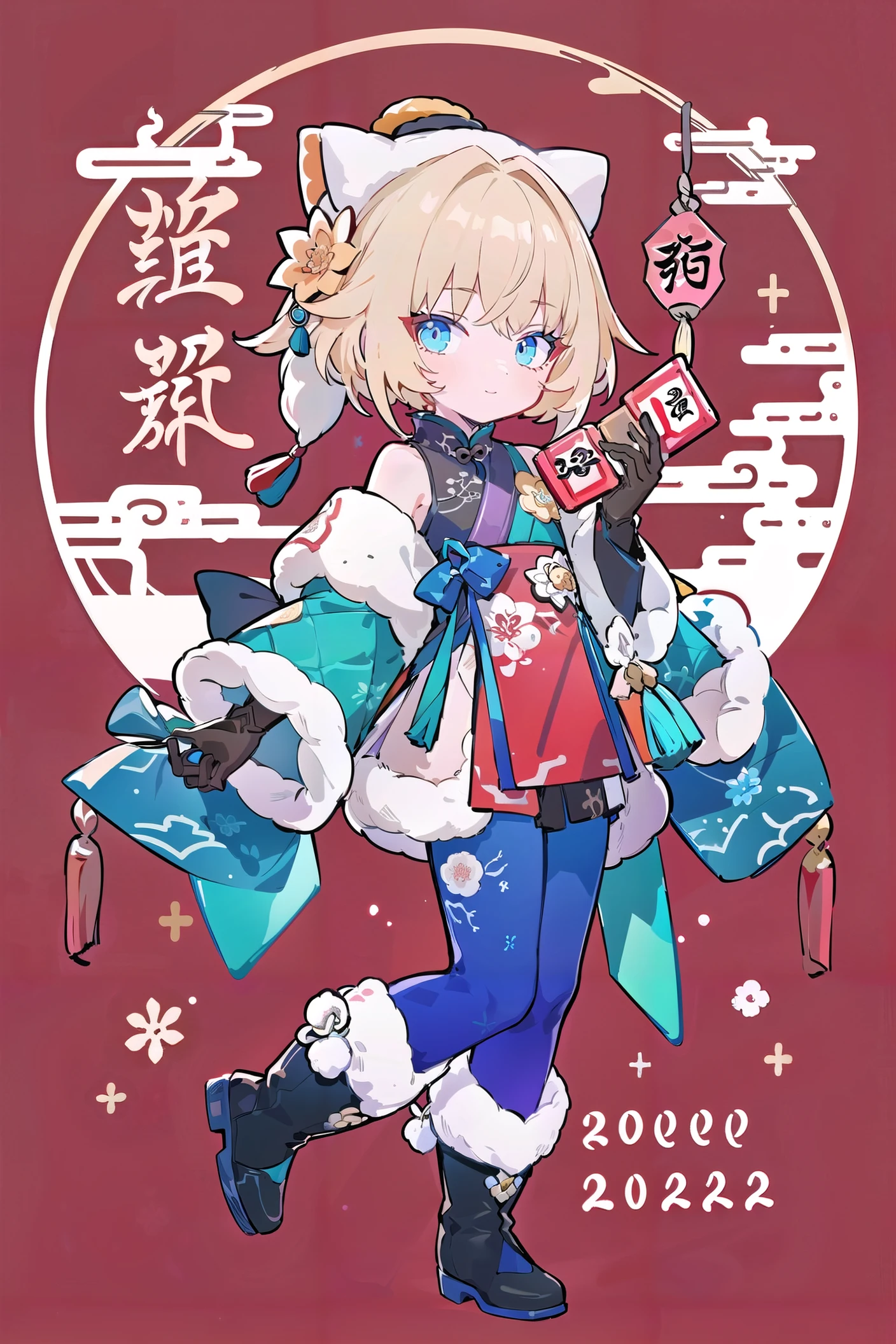 (hyper cute girl:1.1025), (flat color,vector art,:1.3401), beautiful detailed eyes, hyper detailed, hyper quality, eyebeautifuly color, face, (1girl:1.2155), (high details, high quality:1.1576), (back light:1.1576), high quality, 
/, /, /, /, /, /, /, 
Chinese traditional pattern, (Chinese New Year background:1.15), red simple background, Spring Festival (Chinese New Year), red background, chinese new year, 
/, /, /, /, /, /, /, 
1girl, (chibi), 
<lora:linke-v100-000029:0.75:lbw=OUTALL>, linke, 1girl, blue eyes, gloves, fur-trimmed boots, pantyhose, fur trim, blonde hair, hat, black footwear, fur-trimmed sleeves, 
/, /, /, /, 
[sitting|jumping|standing], [[smile]], 
pajamas, kimono, bare shoulders, 
/, /, /, /, /, /, 
lantern, red background, ((simple background)), ((happy new year 2023,new year theme,new year ,2023,gift box,)), (red decorations), ((chinese new year)), Chinese knot, red_ornaments, 
/, /, /, /, /, /, /, 
hair with body, cta dress, cay leg, light particles, small breast, 1girl, small breast, marbling with hair and clothes, (original:1.1025), (arm down:1.1025), (paper cutting:1.1025), 
/, /, /, /, /, /, /, 
<lora:EnvyBetterHands LoCon_beta2 è¾å©:0.55>, ( good hands, nice hands:0.5), 
(beautiful_face), ((intricate_detail)), clear face, 
((finely_detailed)), fine_fabric_emphasis, 
((glossy)), full_shot,