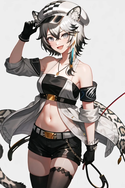 best quality, masterpiece, highres, solo, {cliffheart_arknights:1.15}, animal_ears, leopard_ears, short_hair, grey_hair, bangs, hair_between_eyes, animal_ear_fluff, smile, hat, jewelry, grey_eyes, white_headwear, cabbie_hat, necklace, breasts, sleeveless, leopard_tail, tail, upper_body, multicolored_hair, open_mouth, white_hair, bandeau, navel, armband, midriff, black_hair, medium_breasts, 1girl, bare_shoulders, black_gloves, checkered_clothes, gloves, looking_at_viewer, stomach, shorts, strapless, collarbone, simple_background, belt, black_shorts, short_shorts, cowboy_shot, tube_top, sidelocks, standing, streaked_hair, white_background, crossed_bangs, thighs, underbust, black_thighhighs, jacket, single_thighhigh, thighhighs, hand_up, open_clothes