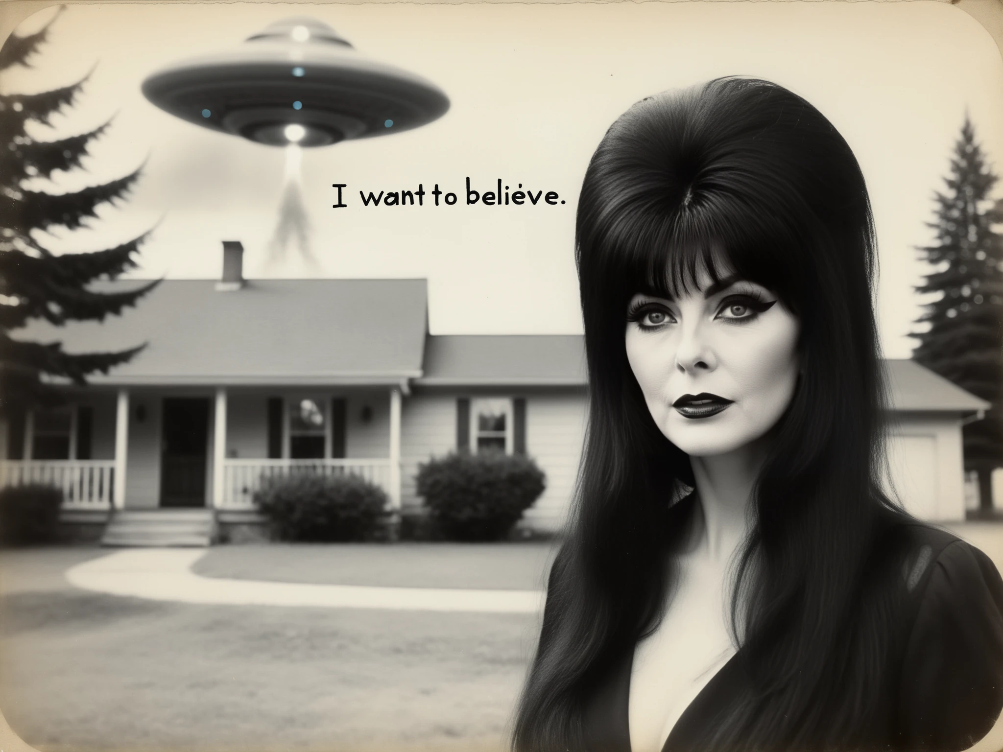 old photo, 1940s, film grain, bad quality, poor photo quality, unsharp, blurred, (elvira:1.5) is standing in front of a realistic ufo sighting, village, polaroid, vintage, monochrome, (handwritten text on photo: "I WANT TO BELIEVE":1.6)