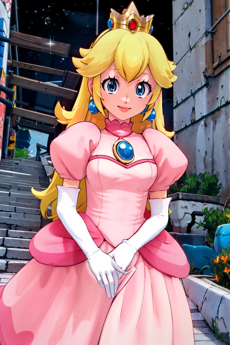 <lora:Beta:0.8>, , ((masterpiece,best quality)),  <lora:Princess_Peach_Nintendo:0.8>, Princess_Peach,  (pink dress), blonde hair, blue eyes, long hair, crown, gem, gloves, puffy sleeves, short sleeves, white gloves, solo, smiling, looking at viewer, cowboy shot,  cinematic composition,