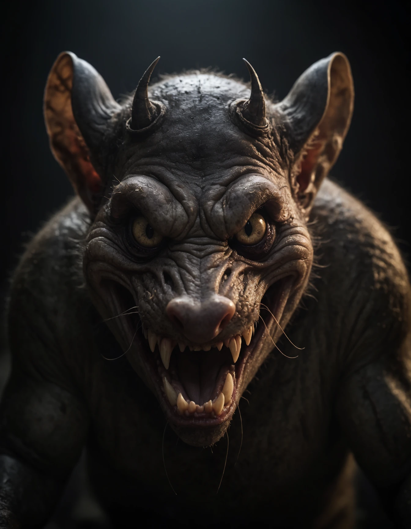 cinematic film still, a rat demon, wrathful eyes, sharp teeth, dark atmosphere, shallow depth of field, vignette, highly detailed, high budget, bokeh, cinemascope, moody, epic, gorgeous, film grain, grainy, undefined