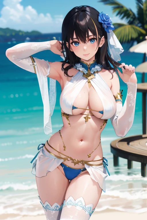 <lora:doa_nanami:0.7> nanami, 1girl, white chiffon shrug, blue bikini