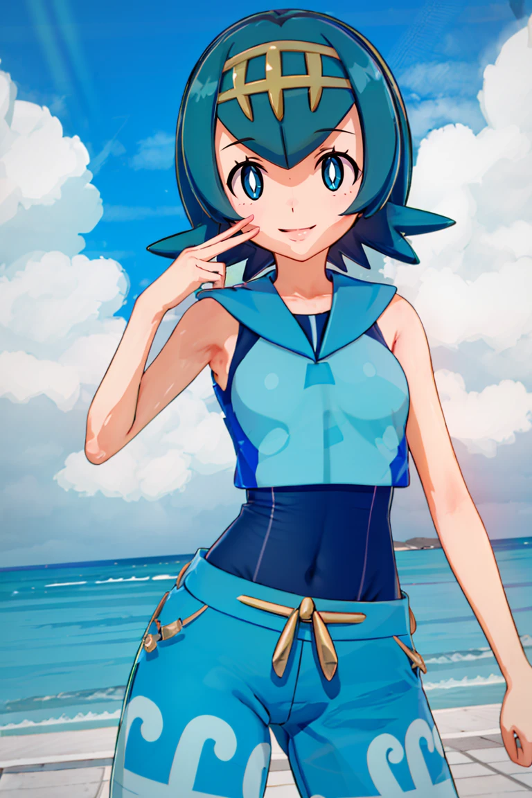 <lora:Beta:0.8>, , ((masterpiece,best quality)), <lora:Lana_Pokemon_v2_Anime:0.8>, Lana_Pokemon, 1girl, solo, curvy, short blue hair, blue eyes, yellow hairband, white shirt, sleeveless, blue sailor collar, blue pants, bright pupils, swimsuit under clothes, solo, smiling, looking at viewer, cowboy shot, cinematic composition, contrapposto,