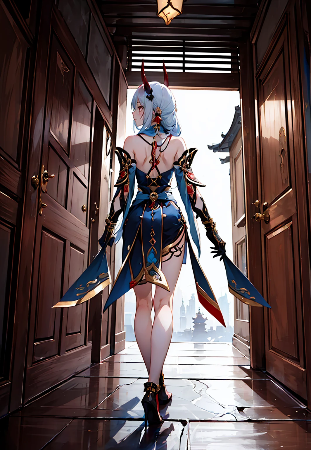 ((masterpiece,best quality)), highres, east asian architecture, 1girl, hanya, horns, elbow gloves, toeless footwear, walking, expressionless, looking back, from below,