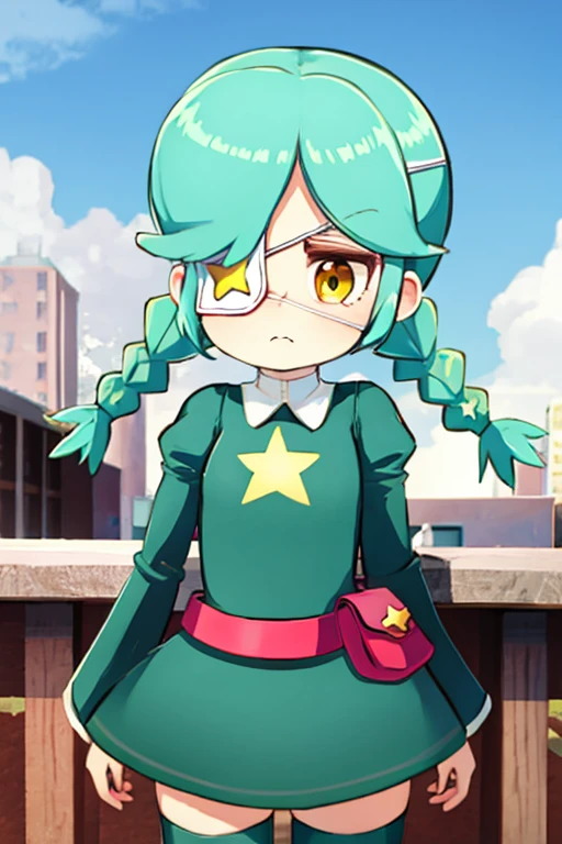 sgannie, yellow eyes, green hair, short hair, parted bangs, twin braids, eyepatch, green dress, star \(symbol\), belt pouch, green thighhighs, zettai ryouiki, frown, standing, city , day <lora:annie-skullgirls-v2:1>
