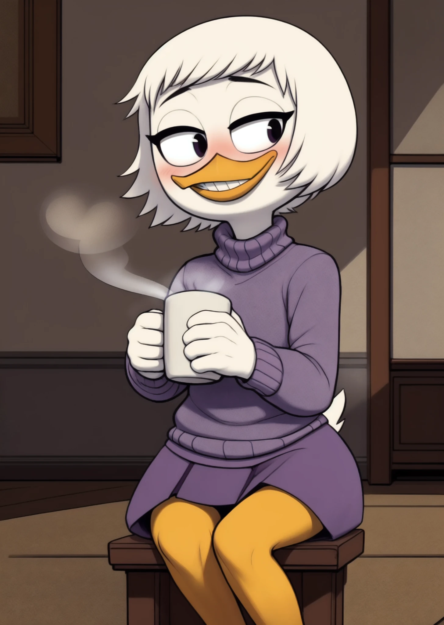 <lora:Webby Vanderquack V1:0.55> (by drockdraw:1.2) (by chelodoy:1) (by ashraely:1) webby vanderquack, white skin, white hair, beak, ducktales, scut tail, webbed feet, (orange legs:1.2) short hair, (sweater, rolled up sleeves:1.3) (purple skirt:1.3) sitting, legs crossed, (holding mug, steam:1.4) clothed, black eyes, full-length portrait, eyeliner, smile, young, blush, (inside, warm colors, bedroom, wood floor, carpet, window:1.1) (snowing outside:1.3)