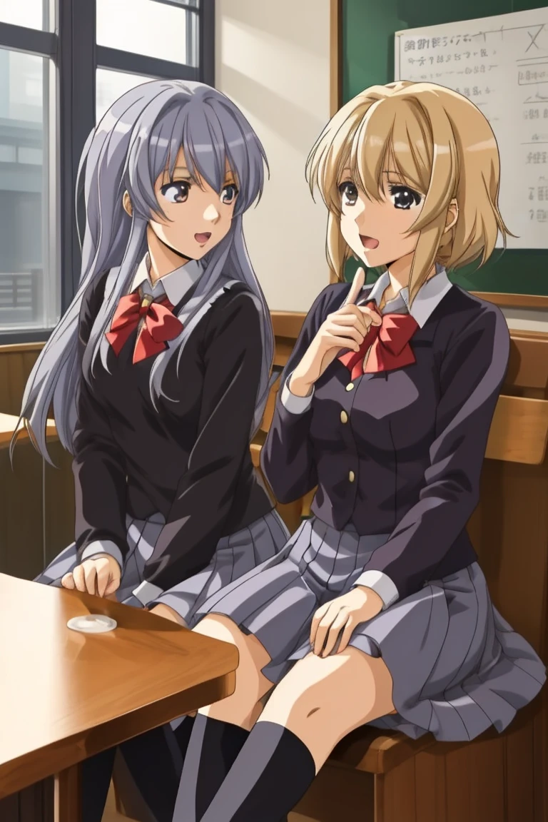 2 girls at coffee shop , school uniform, joyful talking, (anime)