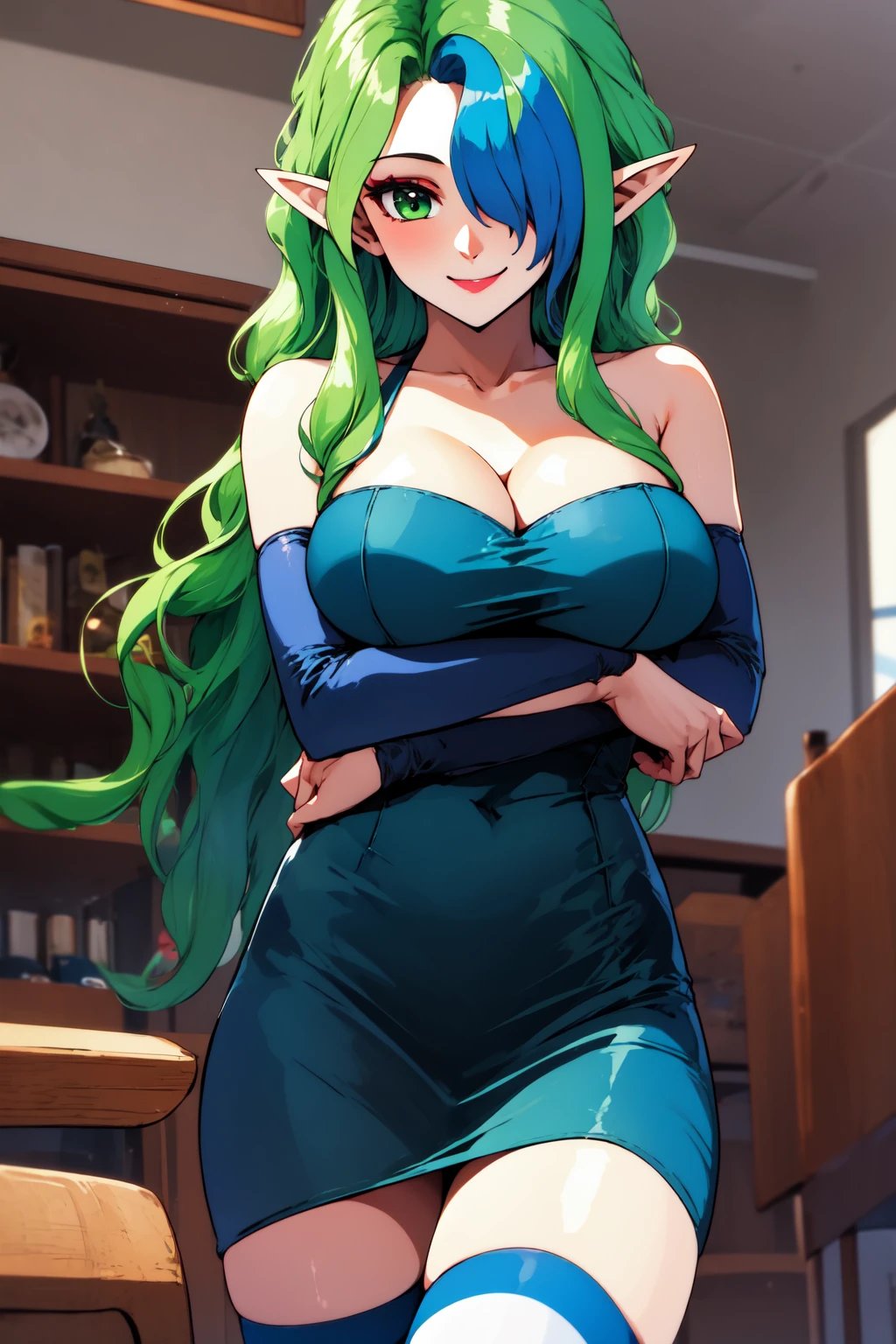 1girl, cowboy shot, smile, sitting, on chair, from below, 
misery, green eyes, hair over one eye, pointy ears, very long hair, (green hair:1.2), (blue hair:1.1), multicolored hair, two-tone hair, makeup, breasts, cleavage, dress, thighhighs, <lora:Misery_lora_ver1:0.8>, best quality, masterpiece, highres, <lora:GoodHands-vanilla:1>