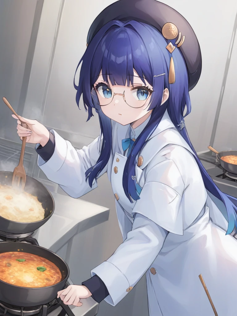 glasses,peila girl,blue hair,blue eyes,Beret,<lora:xl_peila girl-000006:0.8>,white cook coat,
