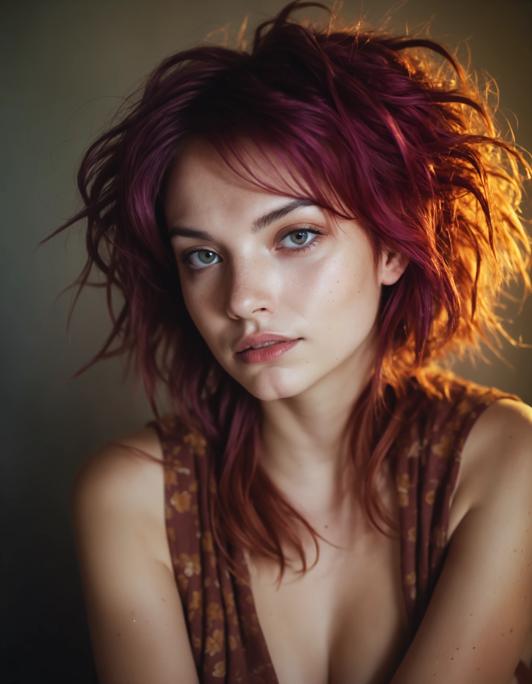 Long exposure photo of photo, woman, highly detailed, medium shot, 35mm, RAW, photoshoot, grit, texture, perky, (bleached, faded, cross processing, film grain, filmic:1.2), (freckles:0.8), lightly tanned skin, (LUT:1.2), cinematic, view of a strikingly beautiful 20 year old European woman (sitting on floor:1.2) in a cluttered bedroom, (holding a single flower:1.2), cascade of (vivid dyed cabernet hair:1.2), messy updo hairstyle, relaxed, under lit, in oversized bed sheet, bare shoulders, rainbow style, (highlight in bright eyes:1.2) kodak ektachrome kodak, pale skin, film overlay filter . Blurred motion, streaks of light, surreal, dreamy, ghosting effect, highly detailed, undefined