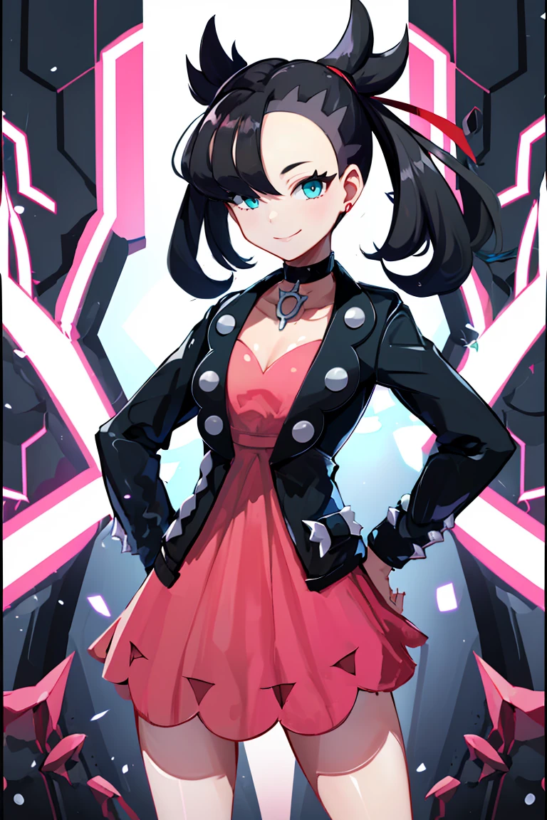 <lora:Harada_Takehito_Background_Dim32:0.6>,((masterpiece,best quality)), absurdres, <lora:Marnie_Pokemon_Dim32:0.8>, Marnie_Pokemon, aqua eyes, black choker, red ribbon, pink dress, jewelry, black jacket, open clothes, long sleeves, solo, smiling, looking at viewer, cowboy shot,  cinematic composition, contrapposto,