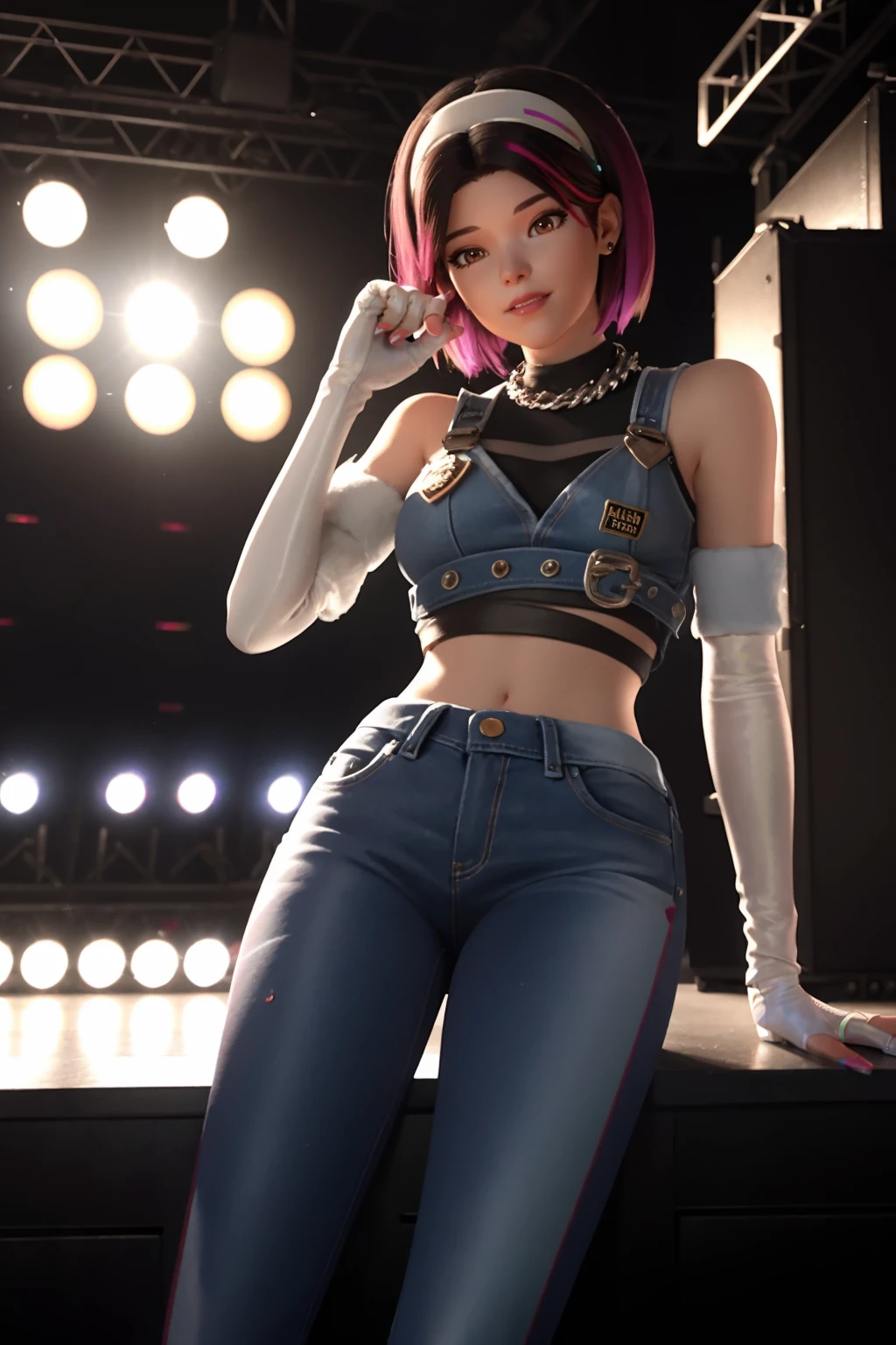 3D, CGI, render, realistic, 8k high definition detailed realistic, (best quality, masterpiece:1.2),photon mapping, radiosity, physically-based rendering, best quality, highly detailed, 1girl, looking at viewer, Portrait, multicolored hair, white gloves, fingerless gloves, white hairband, denim croptop, denim pants, white boots, dvakpop , concert stage, <lora:D.Vakpop-000008:.9> <lora:GoodHands-vanilla:0.8>