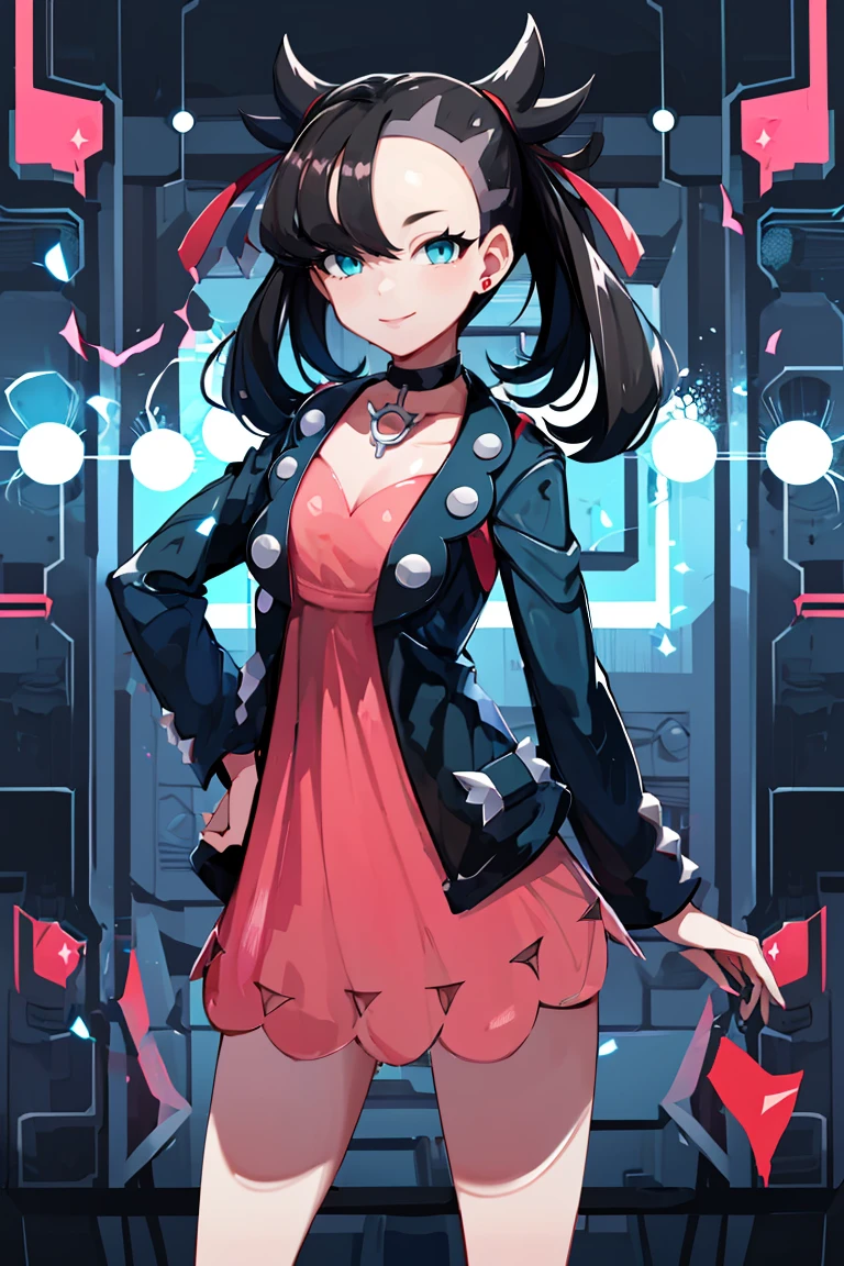 <lora:Harada_Takehito_Background_Dim32:0.6>,((masterpiece,best quality)), absurdres, <lora:Marnie_Pokemon_Dim32:0.8>, Marnie_Pokemon, aqua eyes, black choker, red ribbon, pink dress, jewelry, black jacket, open clothes, long sleeves, solo, smiling, looking at viewer, cowboy shot, cinematic composition, contrapposto,