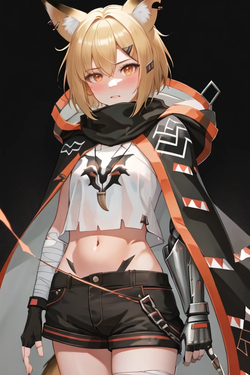 best quality, masterpiece, highres, solo, {vermeil_arknights:1.15}, animal_ears, fox_ears, blonde_hair, short_hair, hair_ornament, hairclip, animal_ear_fluff, notched_ear, bangs, fox_girl, hair_between_eyes, orange_eyes, jewelry, blush, upper_body, oripathy_lesion_\(arknights\), necklace, cape, ear_piercing, 1girl, hood, looking_at_viewer, midriff, navel, shirt, white_shirt, black_gloves, crop_top, fingerless_gloves, gloves, hood_down, prosthesis, prosthetic_arm, shorts, black_shorts, simple_background, bandages, hooded_cape, strapless, tooth_necklace, cloak, scar, white_background