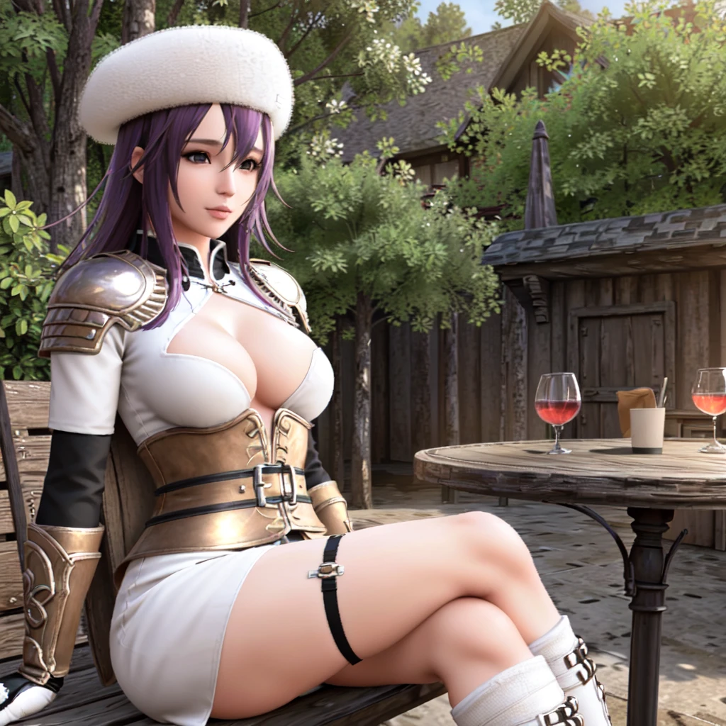 (sunny, sun light, evening, ambient light, outdoors, restaraunt, round table, sitting on chair, sitting, glass of wine, trees, nature:1.2), looking at viewer, smile, hand on own chest, (masterpiece,highres,beautiful, realistic,extremely detailed face,best quality:1.2), Claire_(vindictus), 1girl, skirt, high heels, knee boots, gloves, hat, cleavage, medium breasts, purple hair, boots, belt, armor, thigh strap, cleavage cutout, <lora:Claire1_lora:0.6>