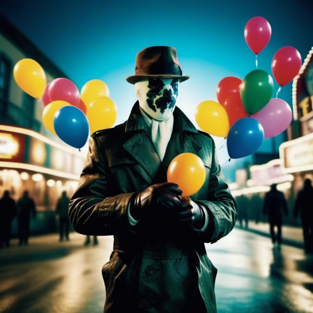 cinematic photo, Rorschach1024, a man with a hat, holding multicolor balloons, funfair ,. 35mm photograph, film, bokeh, professional, 4k, highly detailed <lora:Rorschach1024:0.8>