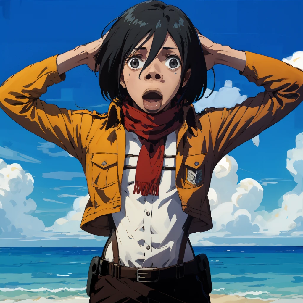 hmmikasa, short hair, black eyes, scarf, emblem, belt, thigh strap, red scarf, white pants, brown jacket, long sleeves, <lora:mikasa_ackerman_v1:1>  myhonest reaction,(hands on head),yellow sky,ocean  <lora:My Honest Reaction:1:lbw=0.8,1,1,1,1,1,1,1,1,1,1,1,0,1,1,1,1,1,1,1,1,1,1,1,1,1>