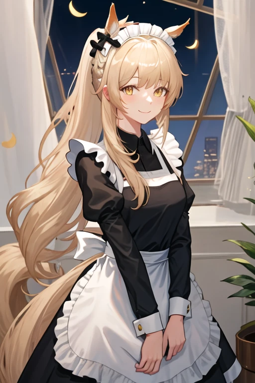 best quality, masterpiece, highres, solo, {maid:1.40}, {long maid dress:1.15}, {blemishine_arknights:1.15}, long_hair, animal_ears, horse_ears, blonde_hair, animal_ear_fluff, ponytail, bangs, yellow_eyes, horse_girl, upper_body, smile, hair_bow, bow, black_bow, extra_ears