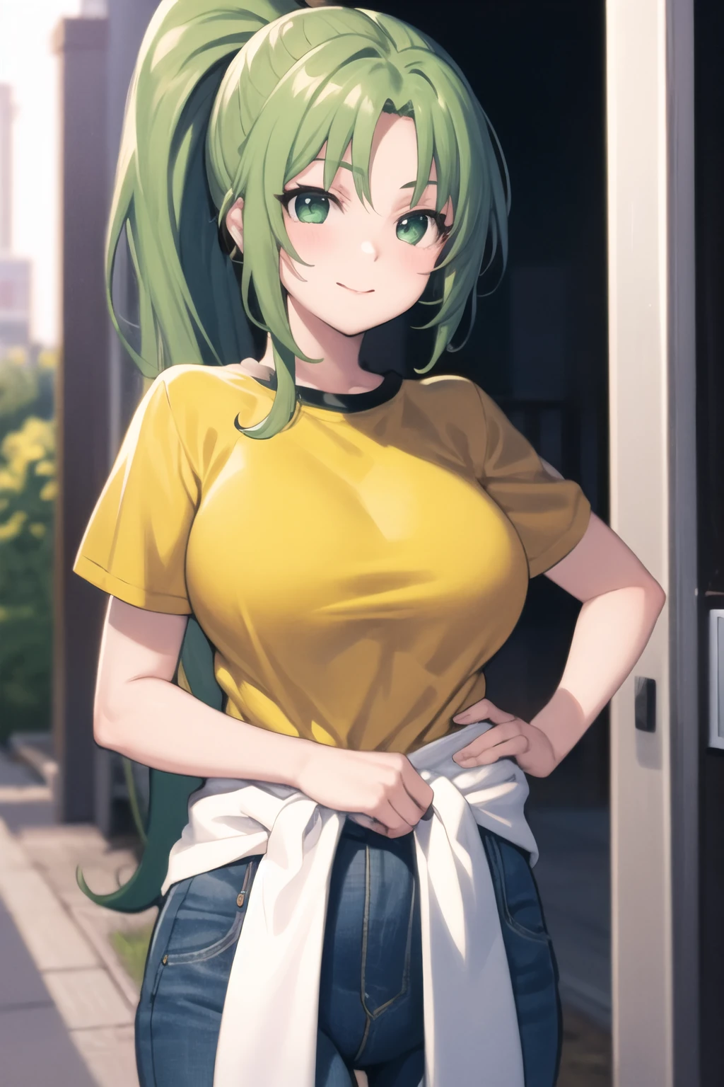 masterpiece, best quality, ultra-detailed, 1girl, overalls, no bra, Mion Sonozaki, green hair, green eyes, ponytail,