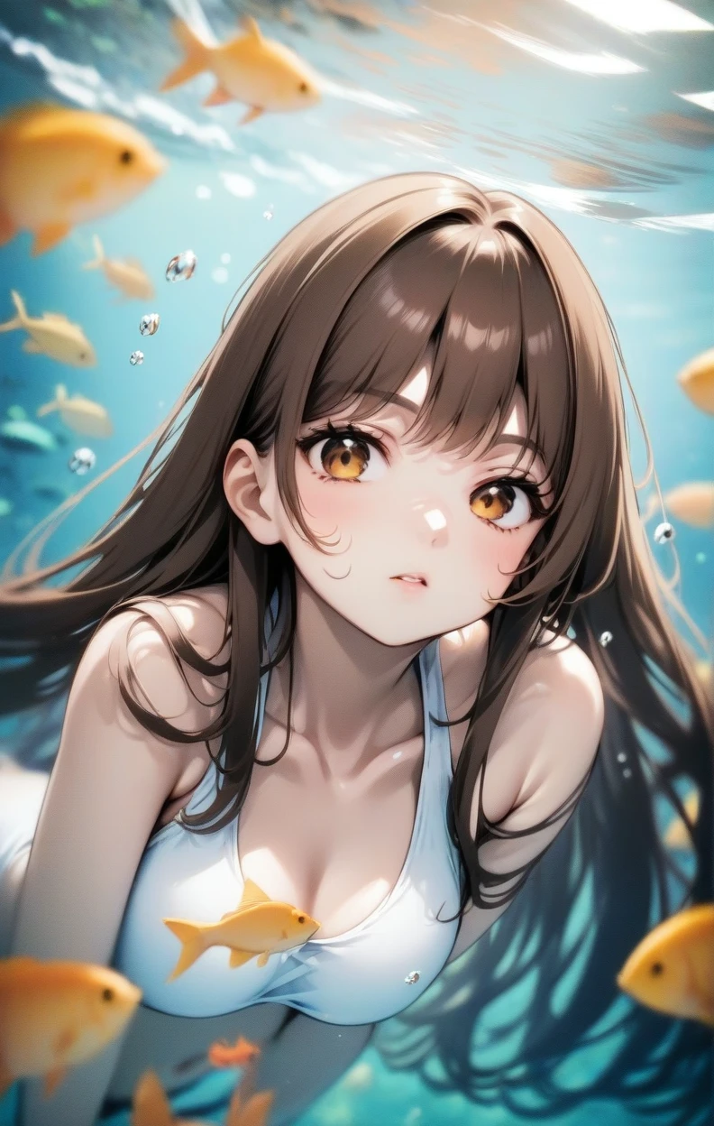 1girl, brown hair, brown eyes, long hair, underwater, air bubble, swimsuit, swimming, fish, coral,