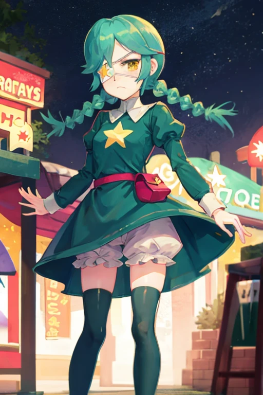sgannie, yellow eyes, green hair, short hair, parted bangs, twin braids, eyepatch, green dress, star \(symbol\), white bloomers, belt pouch, green thighhighs, zettai ryouiki, frown, standing, amusement park , night <lora:annie-skullgirls-v2:1>