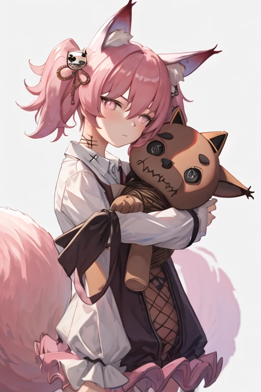 best quality, masterpiece, highres, solo, {shamare_arknights:1.15}, animal_ears, animal_ear_fluff, fox_ears, twintails, bangs, pink_hair, hair_between_eyes, hair_ornament, pink_eyes, closed_mouth, fox_girl, tail, symbol-shaped_pupils, fox_tail, upper_body, stuffed_toy, 1girl, collared_shirt, looking_at_viewer, shirt, white_shirt, diamond-shaped_pupils, simple_background, white_background