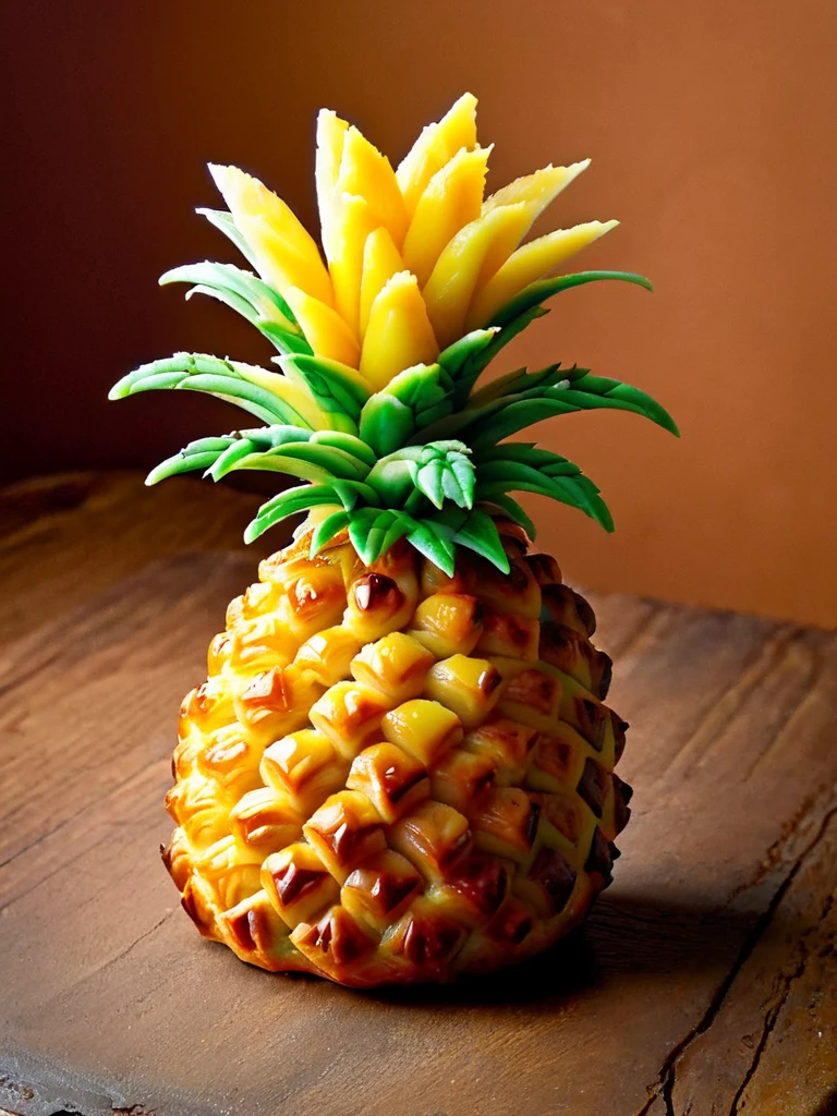 ral-hnycmb pineapple on intricate porcelain plate, orange red melting, lighting, pattern, mint green andalusian kitchen in background