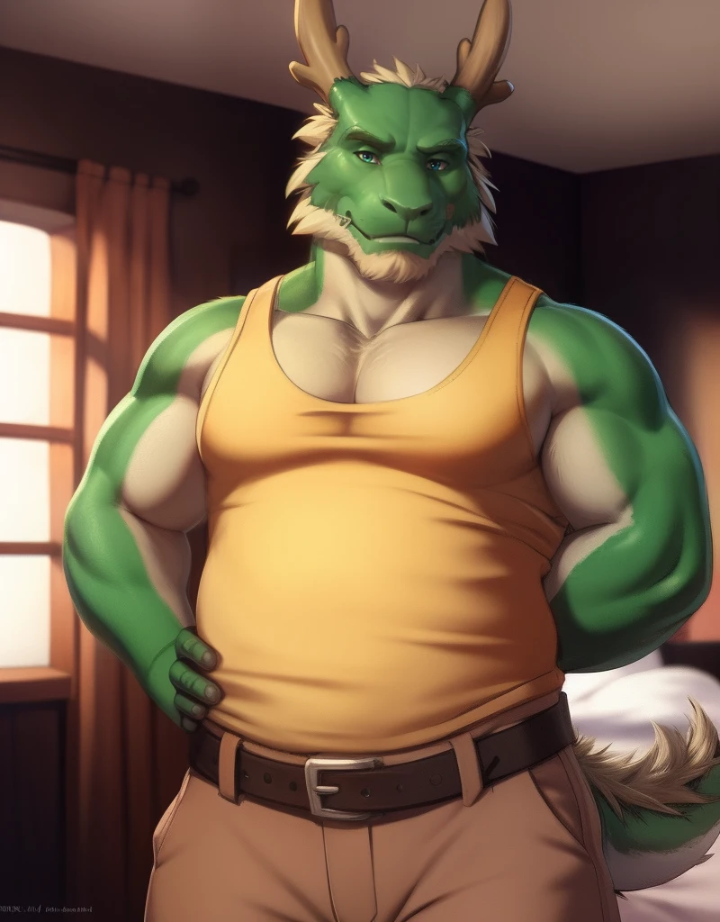(((detailed eyes, detailed face))), (bara, tappei <lora:character_tappei_findigo_v1:0.9>, facial hair, antlers), male, (plump, fat, chubby, big belly, overweight), (khaki tank top, brown pants, belt), standing, arms behind back, smile BREAK (by zackarry911, by zaush, by personalami:0.5), bedroom, (soft shading), 8k, UHD, masterpiece