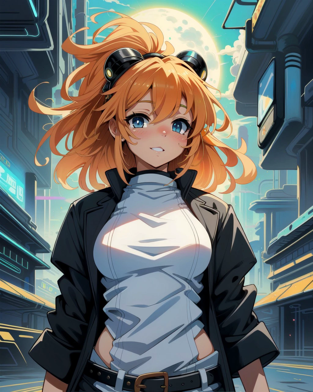 (solarpunk style:1.2), (Anime, cute), (long frizzy orange hair, mature black woman, detailed face), (very small breasts:1) BREAK cityscape, masterpiece, best quality, subsurface scattering, absurd res, soft lighting, countershading, detailed background, in the style of [Ashley Wood|Alex Maleew]