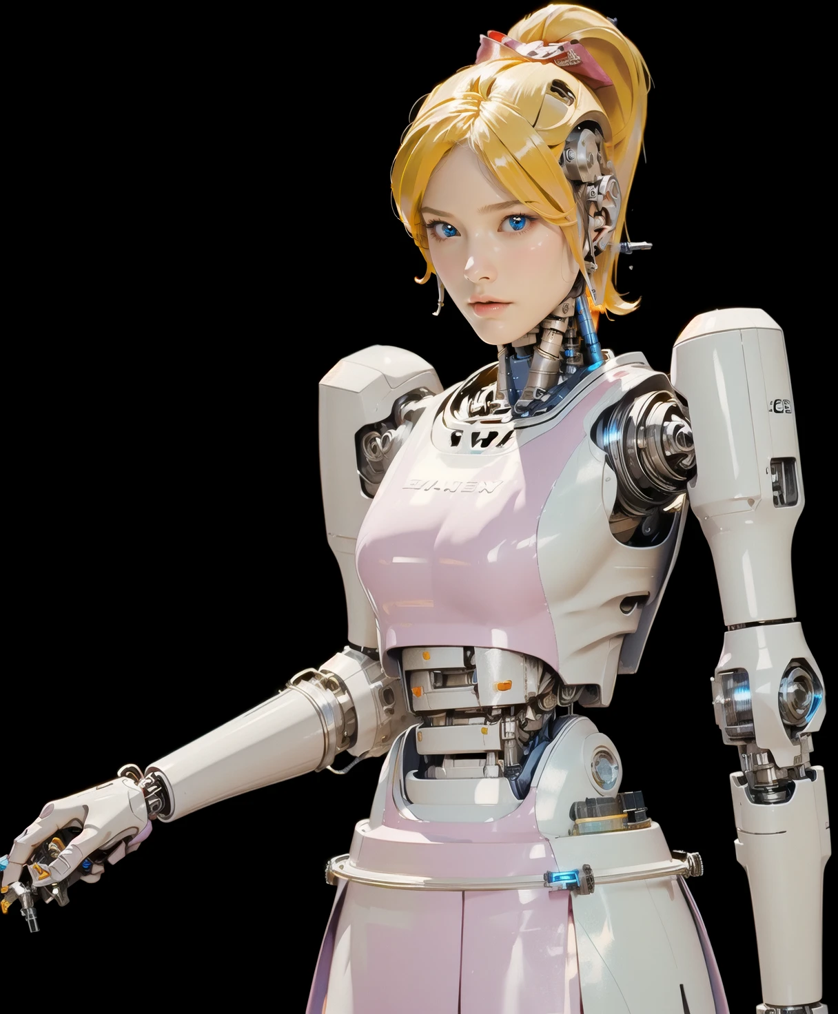 (android girl \(itou\), tutu, clothed robot, awkward, jasper brooch, turning head:1.9), (wide shot, wide-eyed, robot ears, hair bow:1.4), In this extremely detailed and intricate romanticism masterpiece, the artwork shows the a lovely clothed android princess is getting ansty. Pinkish robotic princess seems so elegant, giving off dignity of novelwoman around her. Detailed, beautiful white face with flickering blue pupils shows how embarrassed she is now. Cute princess seam dress worn on cutting-edge mechanical body tightens and accentuates this robotic ???'s idealized feminine chassis. Blonde hair and intricate robot joints catch the light under cinematic lighting,strong side key lights, creating a stunning reflective sheen. Contrast and harmony between her white and pink skin and patly revealed silvery chrome mechanical parts is clearly showing that she is extremely well-produced, cutting-edge creation of art and technology. (ð¤:1.2), <lora:SM-Beautybot(Merge):0.57>, (mechanical parts, chrome metal, shiny skin, kingsman 2:1.3), (beautybot, porcelain skin:1.4), robot girl, android, robot joints, 1other, red ribbon, blonde hair, robotic reveal, reflective sheen, mechanical skirt, (metallic texture:1.35)