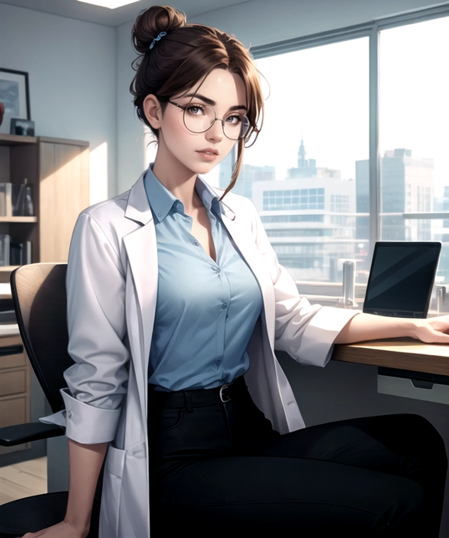 woman, (perfect face), defined jawline, beautiful lips, (beautiful bright brown eyes), (brown hairbun hairstyle), (thin round -frame eyeglasses), (light blue buttoned shirt under white lab coat:1.2), (black pants:1.2), (sitting on office chair), looking at viewer, (medium shot photograph), (laboratory background), realistic