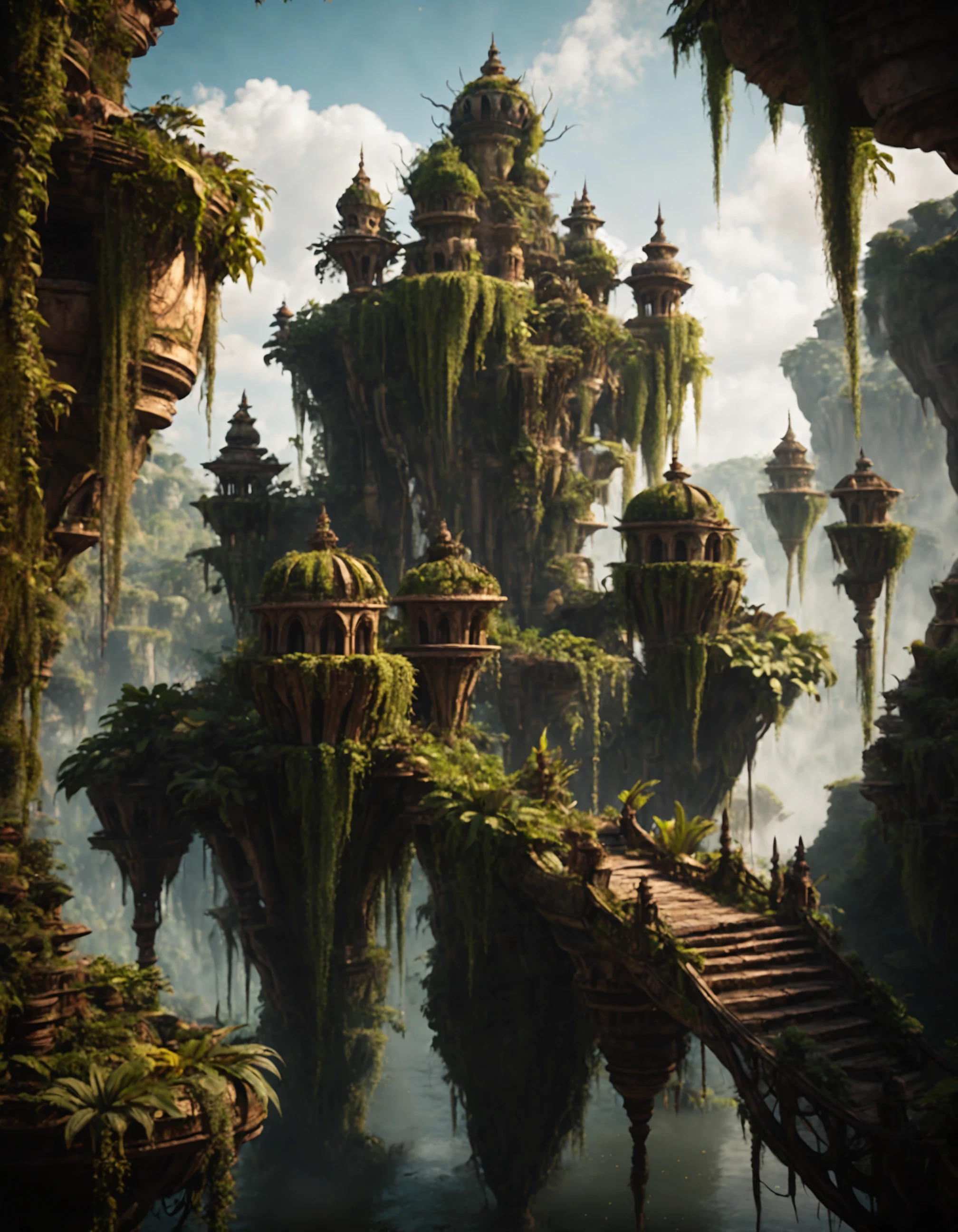 cinematic film still ((flying islands in the sky)), epic fantasy overgrown temple scene, waterfalls, , steampunk . shallow depth of field, vignette, highly detailed, high budget, bokeh, cinemascope, moody, epic, gorgeous, film grain, grainy, undefined