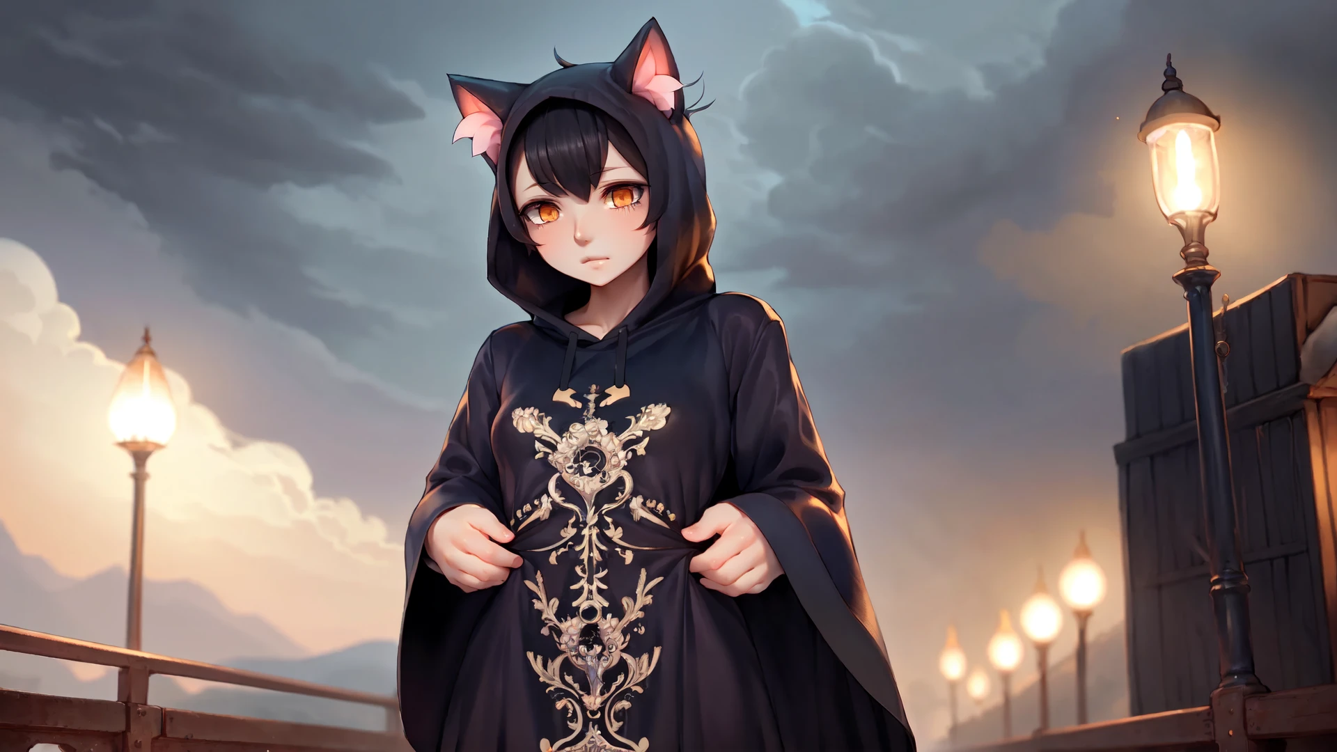 anime style, human, 1girl, cat girl, (cat ears), (cat tail), black hair, golden eyes, gloomy atmosphere, detailed gothic dress, hooded cloak, (symbol of death on dress), mysterious expression, pale skin, (by sakimichan:0.9), (by aicosu:0.8), (by as109:0.7), intricate details, masterpiece