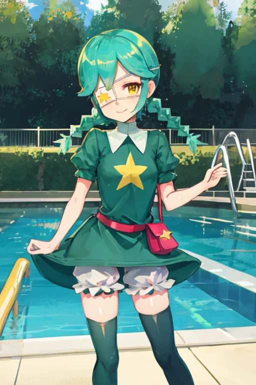sgannie, yellow eyes, green hair, short hair, parted bangs, twin braids, eyepatch, green dress, star \(symbol\), white bloomers, belt pouch, green thighhighs, zettai ryouiki, smile, standing, swimming pool , day <lora:annie-skullgirls-v2:1>
