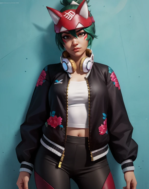 Kiriko, green hair, brown eyes, ponytail, facial mark,
shirt, jacket, black pants, fox mask, headphones, midriff, headband,
standing,
donut shop,
(insanely detailed, beautiful detailed face,beautiful detailed eyes, masterpiece, best quality),solo,
<lora:KirikoOW2Athleisure:0.8>