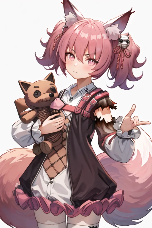 best quality, masterpiece, highres, solo, {shamare_arknights:1.15}, animal_ears, animal_ear_fluff, fox_ears, twintails, bangs, pink_hair, hair_between_eyes, hair_ornament, pink_eyes, closed_mouth, fox_girl, tail, symbol-shaped_pupils, fox_tail, upper_body, stuffed_toy, 1girl, looking_at_viewer, shirt, short_hair, white_shirt, collared_shirt, hand_up, long_sleeves, simple_background, v-shaped_eyebrows, white_background, id_card