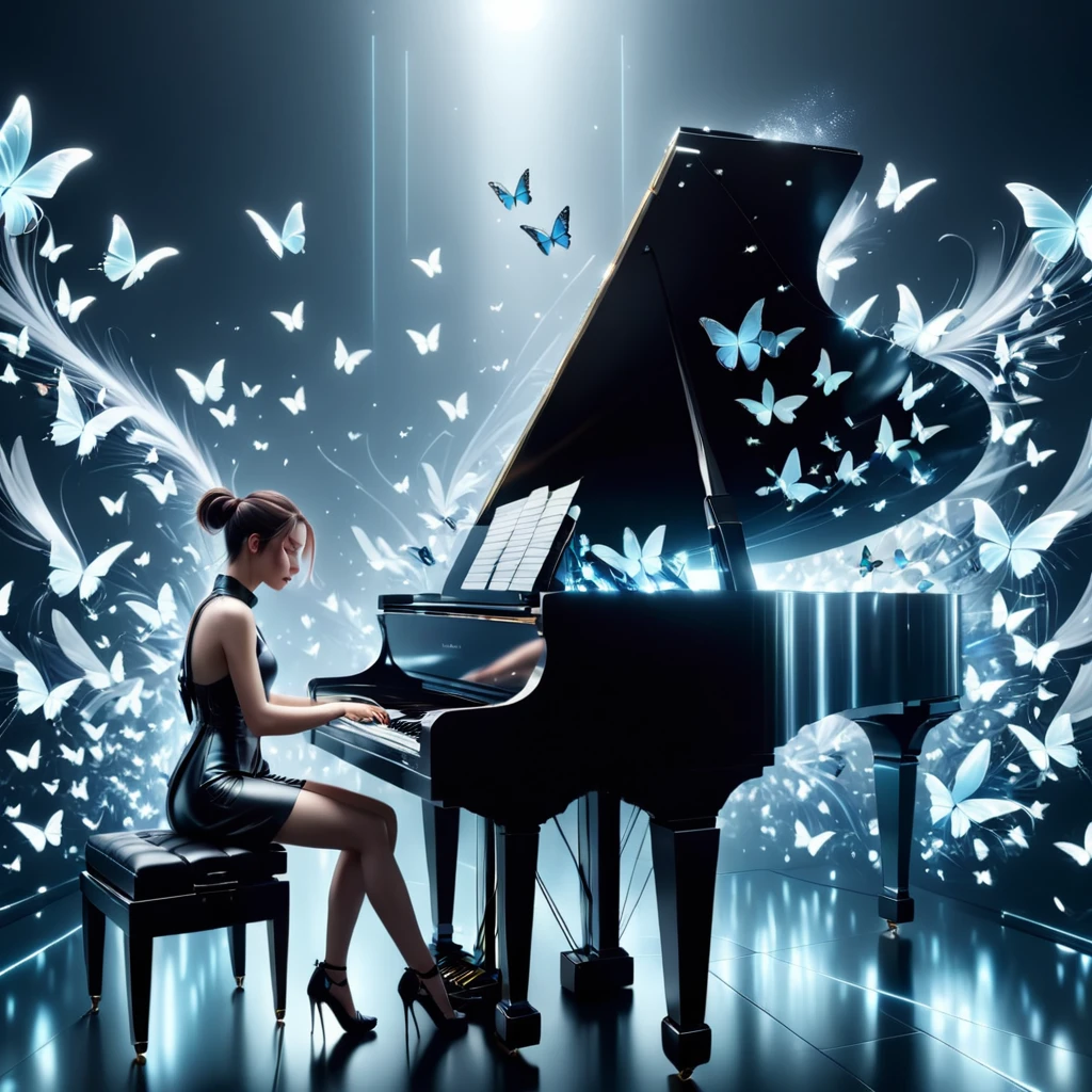 Techwear fashion <lora:FF-Style-Dall-e-FFusion-Surrealism:1> a woman is playing a piano with butterflies flying around, beautiful digital artwork, exquisite digital illustration, beautiful art uhd 4 k, beautiful digital painting, very beautiful digital art, beautiful digital illustration, 4k highly detailed digital art, beautiful digital art, beautiful composition 3 d 4 k, a beautiful artwork illustration, stunning digital illustration, gorgeous digital painting, beautiful gorgeous digital art . Futuristic, cyberpunk, urban, tactical, sleek, dark, highly detailed