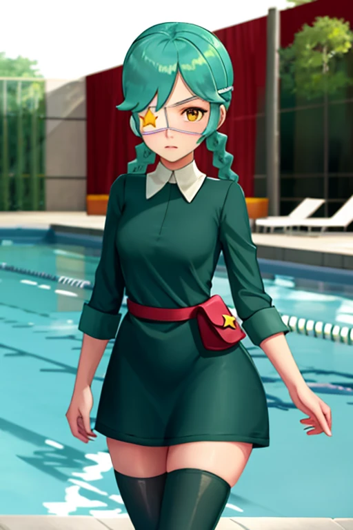 sgannie, yellow eyes, green hair, short hair, parted bangs, twin braids, eyepatch, green dress, star \(symbol\), belt pouch, green thighhighs, zettai ryouiki, embarrassed, walking, swimming pool , night <lora:annie-skullgirls-v2:1>