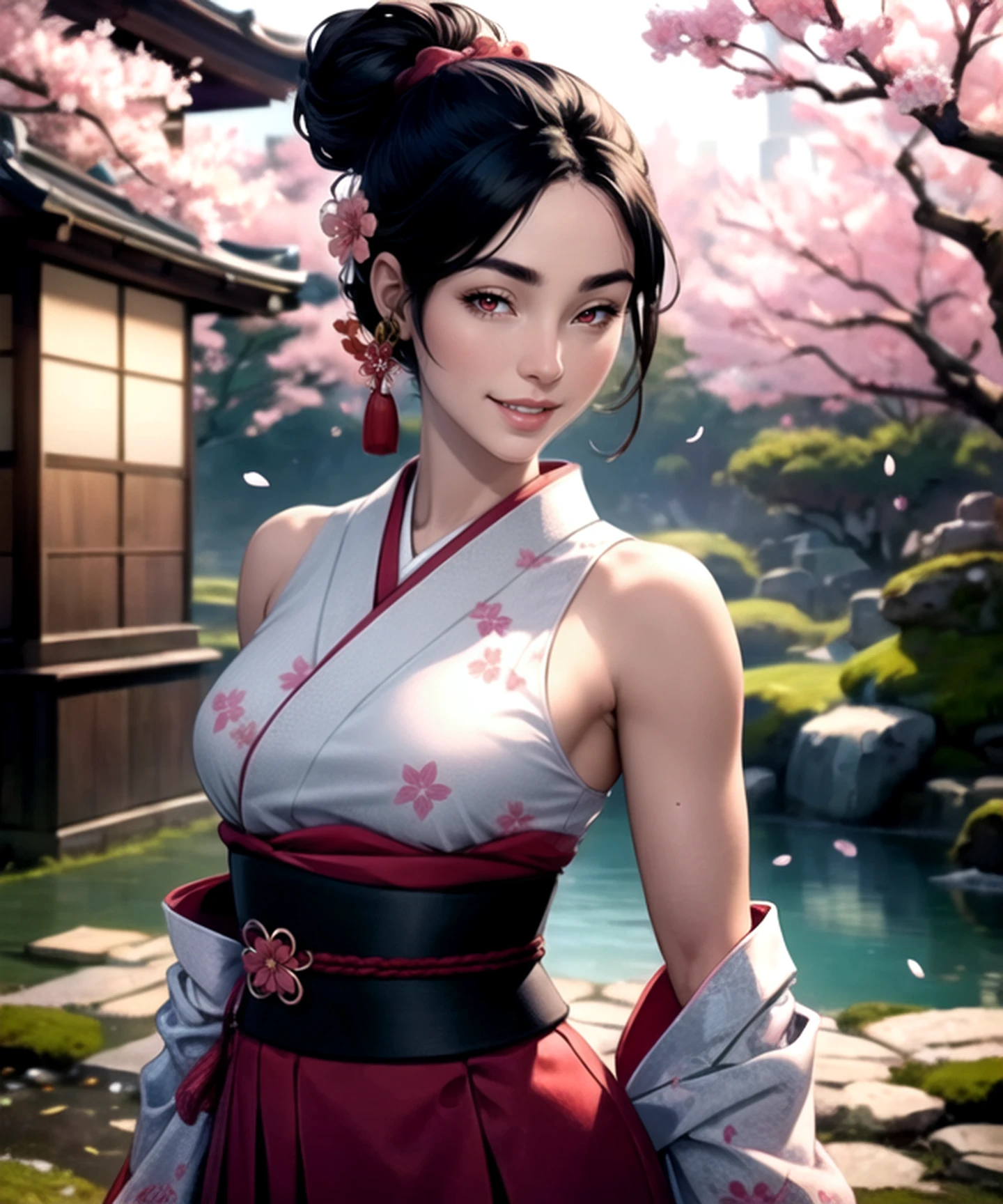 3d animation, (1girl:1.3, solo), (kimono model), (upper body:1.3), (She walks along the dimly lit path of the riverbank.:1.2), (random posing:1.3), highly detailed eyes and pupils, realistic skin, ((attractive body, gigantic breast:1.38, disproportionate breasts:1.38, thin waist:1.15)), medium-length thin hair, ((bobbles ponytail:1.3), (shiny-black hair:1.3),extremely detailed hair, delicate sexy face, sensual gaze, shiny lips, BREAK, (red kimono:1.3), (japanese clothes:1.3), detailed clothes, BREAK, (outdoor:1.2), (blurry background:1.25, simple background, detailed background), (under sunset:1.37), BREAK, ((realistic, super realistic, realism, realistic detail)), perfect anatomy, perfect proportion, hyper sharp image, (attractive emotion, seductive smile:1.2, happy:1.2, blush:1.2, :d:1.2, :p:1.2), ((4fingers and thumb:1.2)), perfect human hands, wind, BREAK, (Masterpiece, best quality, photorealistic, highres, photography, :1.3), ultra-detailed, sharp focus, professional photo, commercial photo,