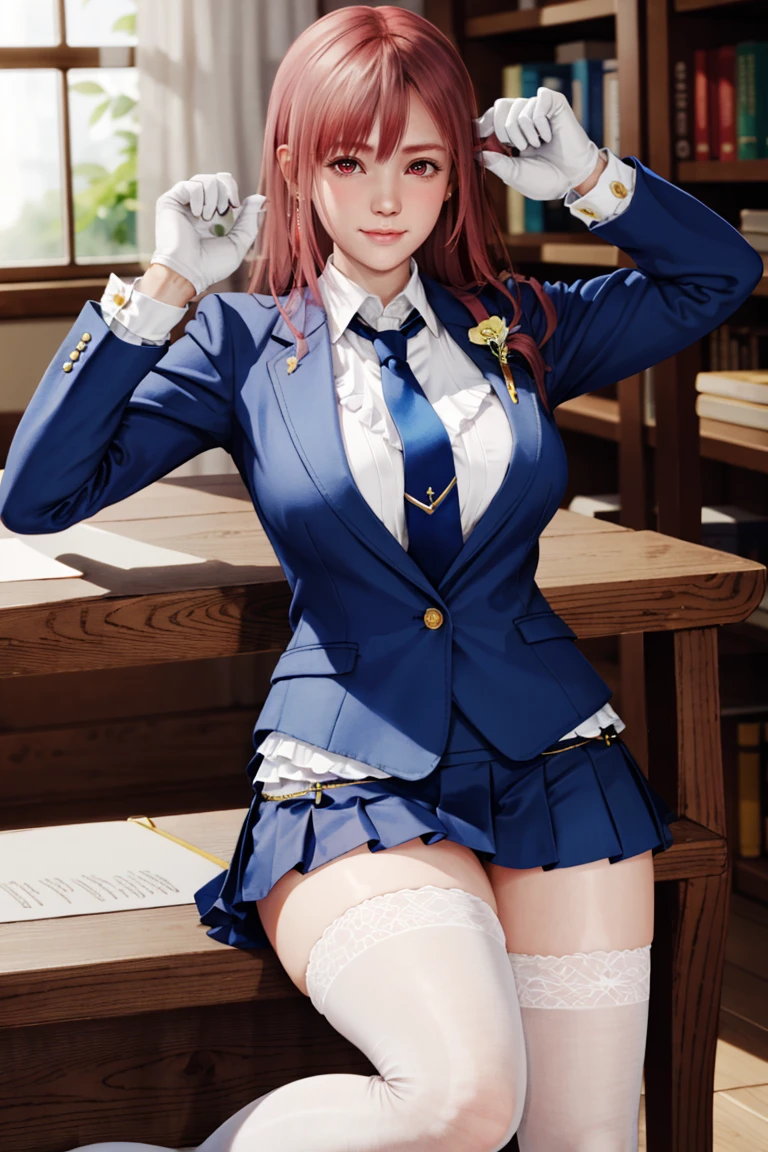 <lora:doa_honoka:0.7> honoka, blue blazer, tie, pleated skirt, one glove, white thighhighs, college student