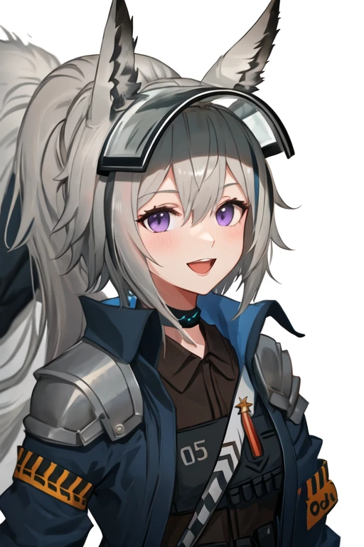 best quality, masterpiece, highres, solo, {grani_arknights:1.15}, animal_ears, grey_hair, long_hair, horse_ears, ponytail, bangs, hair_between_eyes, purple_eyes, smile, upper_body, visor_cap, armband, 1girl, looking_at_viewer, shirt, simple_background, collar, from_side, jacket, open_mouth, portrait, white_background