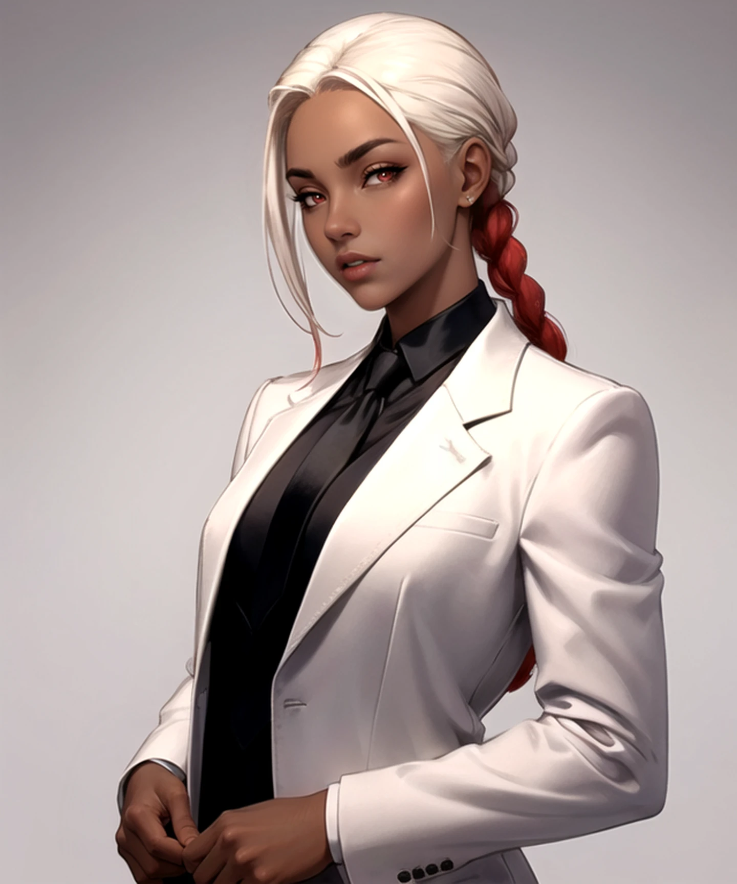 woman, (dark skin:1.2), (perfect face), defined jawline, beautiful lips, (beautiful bright red eyes), (voluptuous), (long braided undercut hairstyle, fade, white blonde hair:1.2), (fitted black formal suit:1.2), (black necktie), (looking at viewer), (cowboy shot photograph), (modeling studio background), realistic