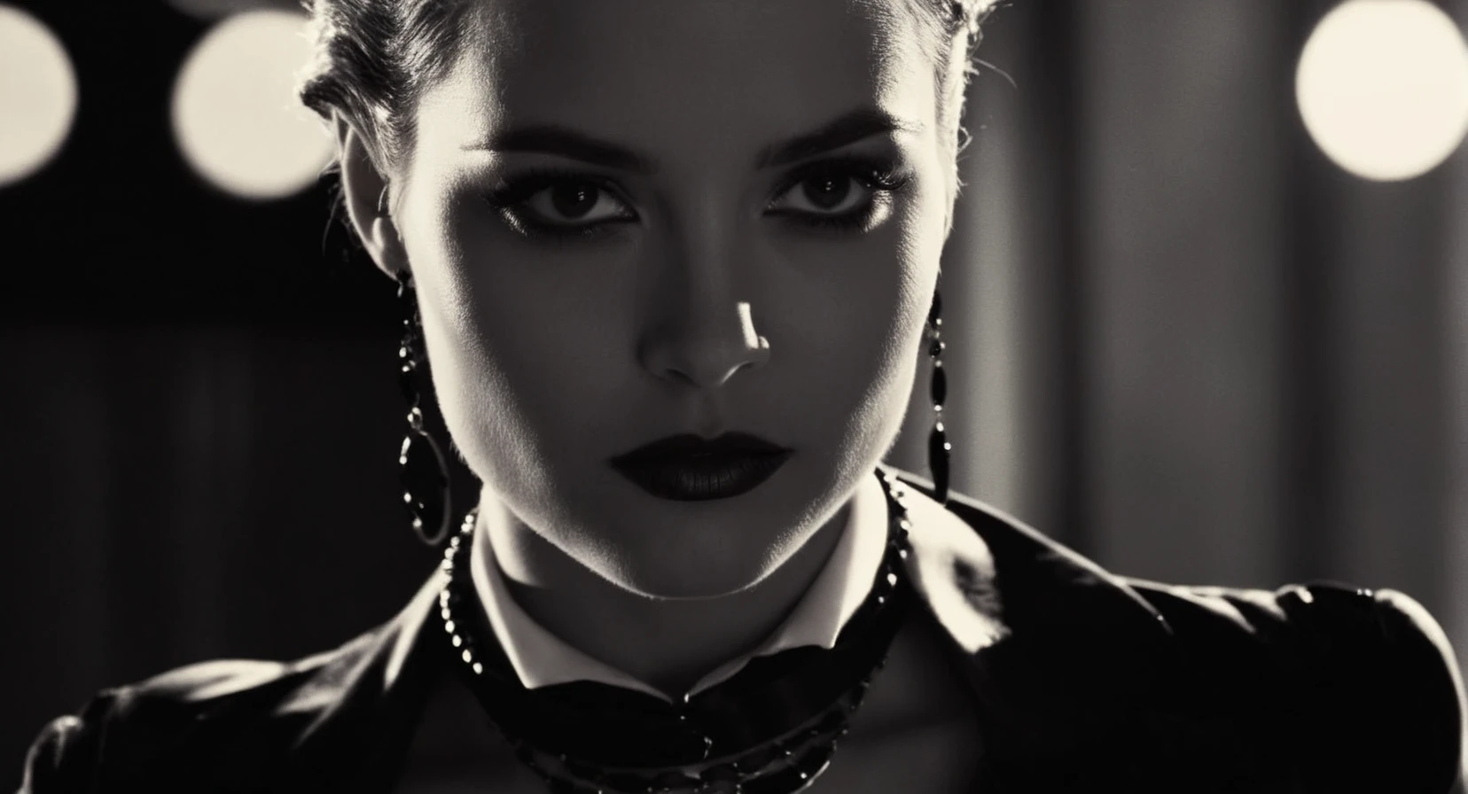 cinematic film still of <lora:sin city style:1>
a woman with a black collar and a black necklace sin city style, shallow depth of field, vignette, highly detailed, high budget, bokeh, cinemascope, moody, epic, gorgeous, film grain, grainy