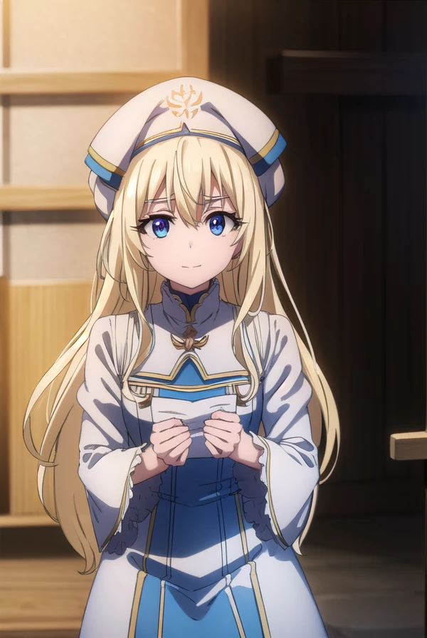 priestess, <lora:priestesss2-lora-nochekaiser:1>, 
priestess, blonde hair, blue eyes, long hair, hair between eyes, (small breast:1.2), smile,
BREAK boots, dress, frilled sleeves, frills, hat, white headwear, pelvic curtain, high heels, robe, thigh boots, thighhighs, white thighhighs, long sleeves, puffy sleeves,
BREAK indoors, church,
BREAK looking at viewer, (cowboy shot:1.5),
BREAK <lyco:GoodHands-beta2:1>, (masterpiece:1.2), best quality, high resolution, unity 8k wallpaper, (illustration:0.8), (beautiful detailed eyes:1.6), extremely detailed face, perfect lighting, extremely detailed CG, (perfect hands, perfect anatomy),