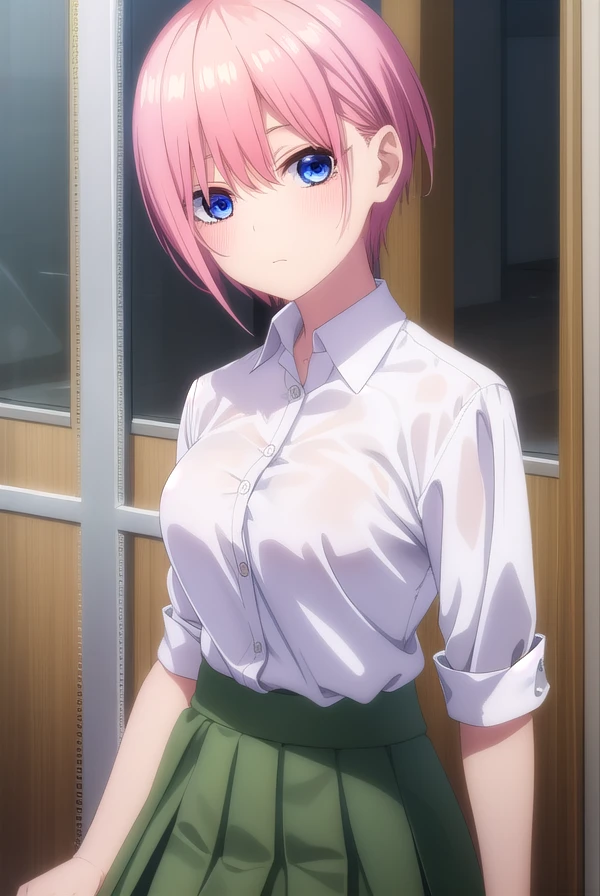 ichikanakano, <lora:ichikanakanospecial-lora-nochekaiser:1>,
ichika nakano, short hair, bangs, blue eyes, hair between eyes, pink hair,
BREAK skirt, shirt, school uniform, white shirt, short sleeves, pleated skirt, shoes, socks, collared shirt, black footwear, sweater, white socks, (green skirt:1.5), loafers, clothes around waist,
BREAK indoors, classroom,
BREAK looking at viewer, (cowboy shot:1.5),
BREAK <lyco:GoodHands-beta2:1>, (masterpiece:1.2), best quality, high resolution, unity 8k wallpaper, (illustration:0.8), (beautiful detailed eyes:1.6), extremely detailed face, perfect lighting, extremely detailed CG, (perfect hands, perfect anatomy),
