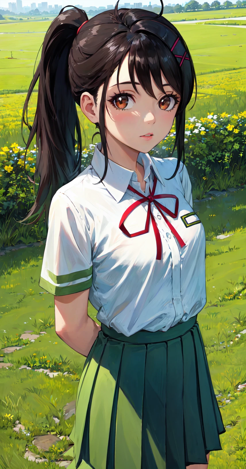 masterpiece, best quality, outdoors, grass, field,
1girl, solo, looking at viewer, cover, eyelashes, brown eyes, black hair, arms behind back, long hair, shirt, white shirt, ponytail, short sleeves, school uniform, bangs, collared shirt, ribbon, skirt, neck ribbon, pleated skirt, red ribbon, hairclip, green skirt,
<lora:LoRA_Iwato_Suzume:1>