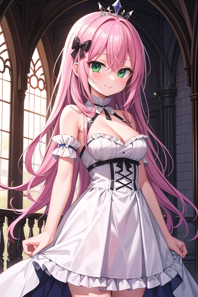 insanely detailed, absurdres, ultra-highres, ultra-detailed, best quality,
1girl, solo, nice hands, perfect hands,
BREAK
princess, princess dress with many frills, teara on hair,
happy smile, laugh, closed mouth,
standing, seductive pose,
from front, cowboy shot,
BREAK
slender, kawaii, perfect symmetrical face, ultra cute girl, ultra cute face, ultra detailed eyes, ultra detailed hair, ultra cute, ultra beautiful,
BREAK
(fantasy world, in castle), depth of field,
medium large breasts,
BREAK
pink hair, long hair, messy hair, green eyes, hair between eyes